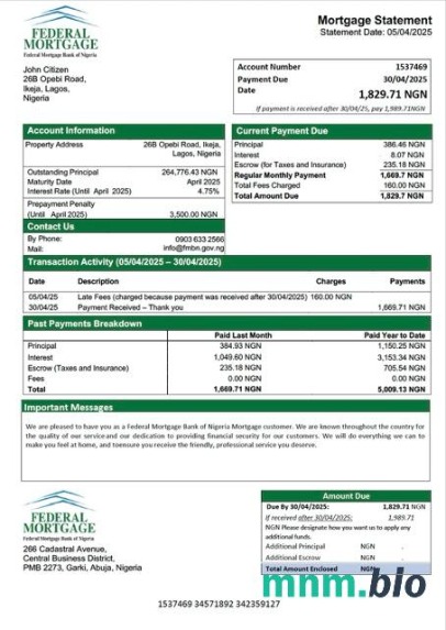 Nigeria Federal Mortgage Bank of Nigeria wyciąg z kredytu hipotecznego szablon Word i PDF